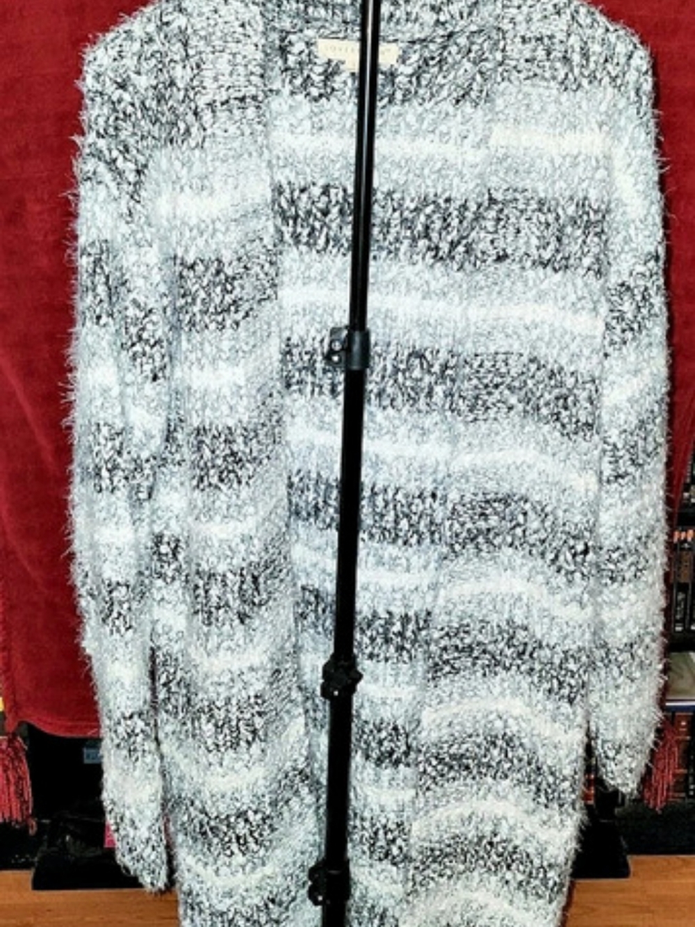 LOVESTITCH UltraSoft Striped Teddy Cardigan Jacket in Gray Black&White Like New